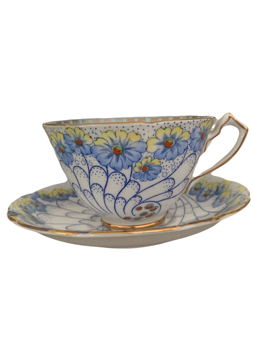 Vintage Floral Blue Yellow Gold Floral Feather Print Tea Cup Saucer England